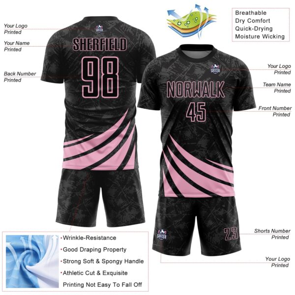 Custom Black Light Pink Distressed Diagonal Stripes Wind Shapes Sports Sublimation Soccer Uniform Jersey
