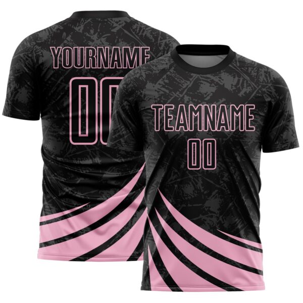 Custom Black Light Pink Distressed Diagonal Stripes Wind Shapes Sports Sublimation Soccer Uniform Jersey