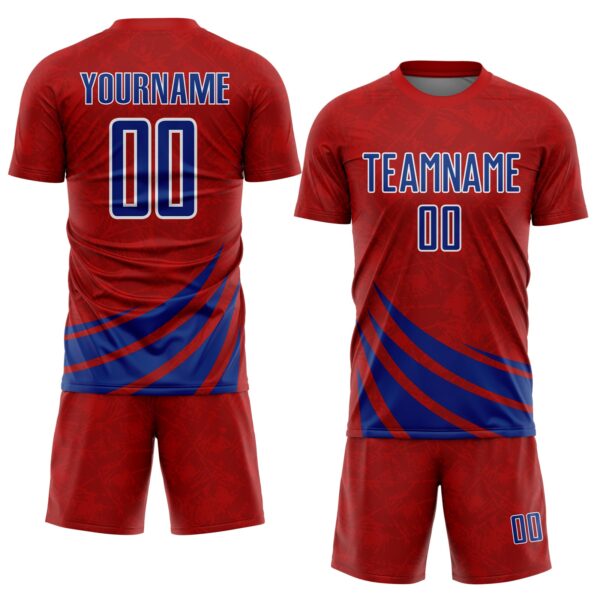 Custom Red Royal-White Distressed Diagonal Stripes Wind Shapes Sports Sublimation Soccer Uniform Jersey