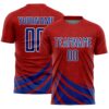 Custom Red Royal-White Distressed Diagonal Stripes Wind Shapes Sports Sublimation Soccer Uniform Jersey
