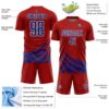 Custom Red Royal-White Distressed Diagonal Stripes Wind Shapes Sports Sublimation Soccer Uniform Jersey
