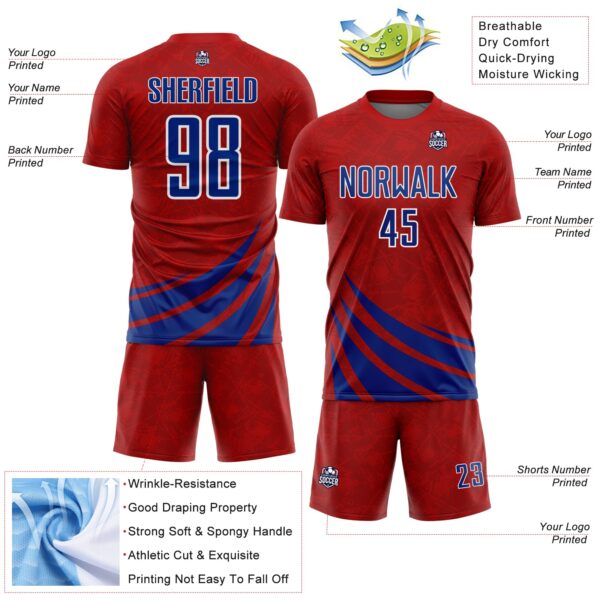 Custom Red Royal-White Distressed Diagonal Stripes Wind Shapes Sports Sublimation Soccer Uniform Jersey