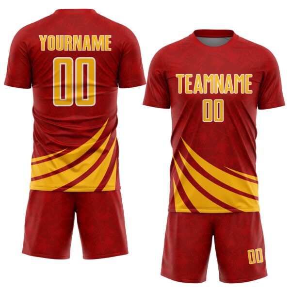 Custom Red Gold-White Distressed Diagonal Stripes Wind Shapes Sports Sublimation Soccer Uniform Jersey
