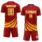 Custom Red Gold-White Distressed Diagonal Stripes Wind Shapes Sports Sublimation Soccer Uniform Jersey