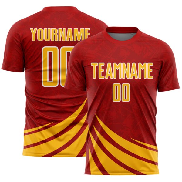 Custom Red Gold-White Distressed Diagonal Stripes Wind Shapes Sports Sublimation Soccer Uniform Jersey