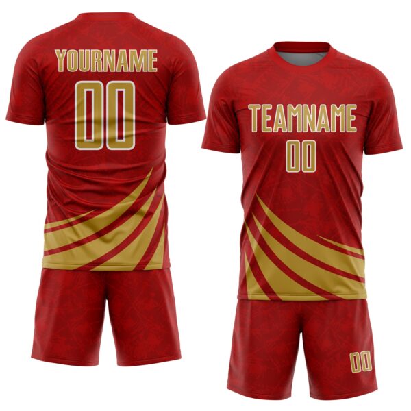 Custom Red Old Gold-White Distressed Diagonal Stripes Wind Shapes Sports Sublimation Soccer Uniform Jersey