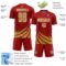 Custom Red Old Gold-White Distressed Diagonal Stripes Wind Shapes Sports Sublimation Soccer Uniform Jersey