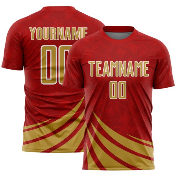 Custom Red Old Gold-White Distressed Diagonal Stripes Wind Shapes Sports Sublimation Soccer Uniform Jersey