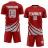 Custom Red Gray-White Distressed Diagonal Stripes Wind Shapes Sports Sublimation Soccer Uniform Jersey
