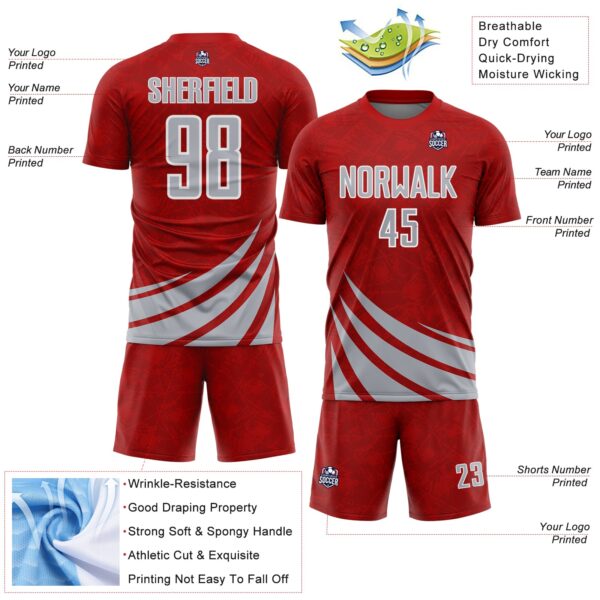 Custom Red Gray-White Distressed Diagonal Stripes Wind Shapes Sports Sublimation Soccer Uniform Jersey