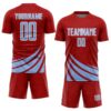 Custom Red Light Blue-White Distressed Diagonal Stripes Wind Shapes Sports Sublimation Soccer Uniform Jersey