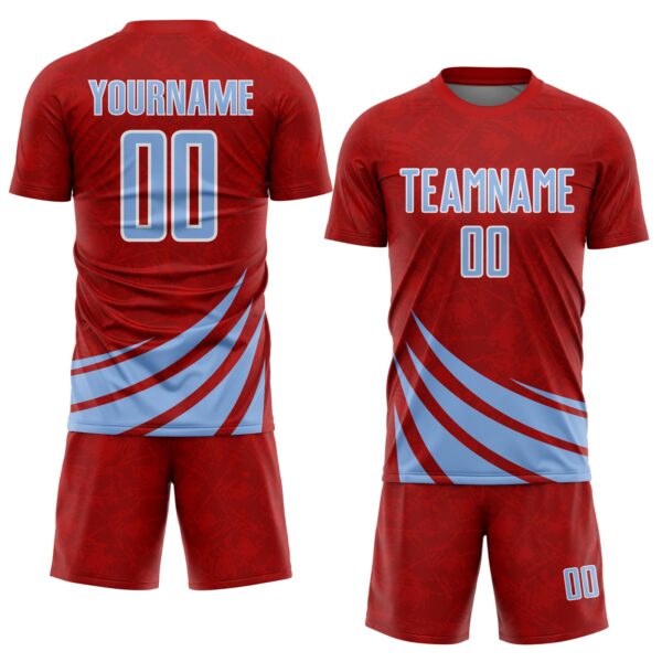 Custom Red Light Blue-White Distressed Diagonal Stripes Wind Shapes Sports Sublimation Soccer Uniform Jersey