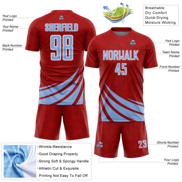 Custom Red Light Blue-White Distressed Diagonal Stripes Wind Shapes Sports Sublimation Soccer Uniform Jersey