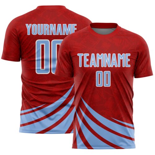 Soccer6987 Custom Red Light Blue-White Distressed Diagonal Stripes Wind Shapes Sports Sublimation Soccer Uniform Jersey