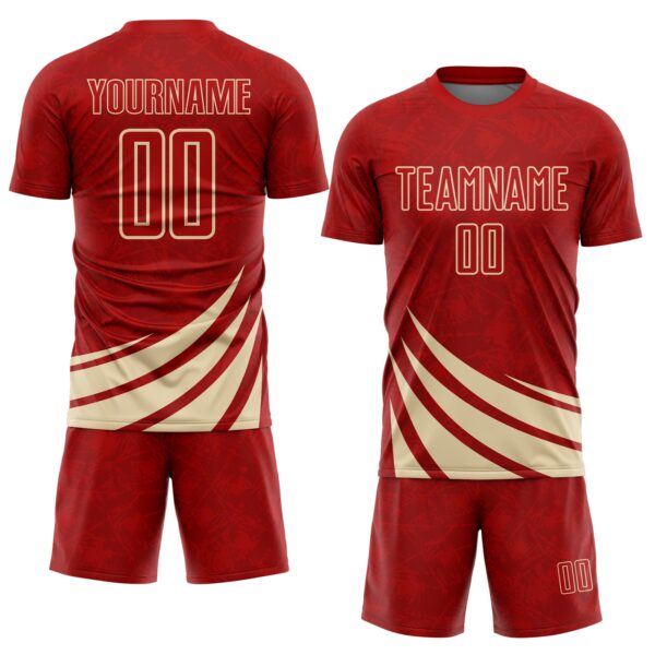 Custom Red Cream Distressed Diagonal Stripes Wind Shapes Sports Sublimation Soccer Uniform Jersey
