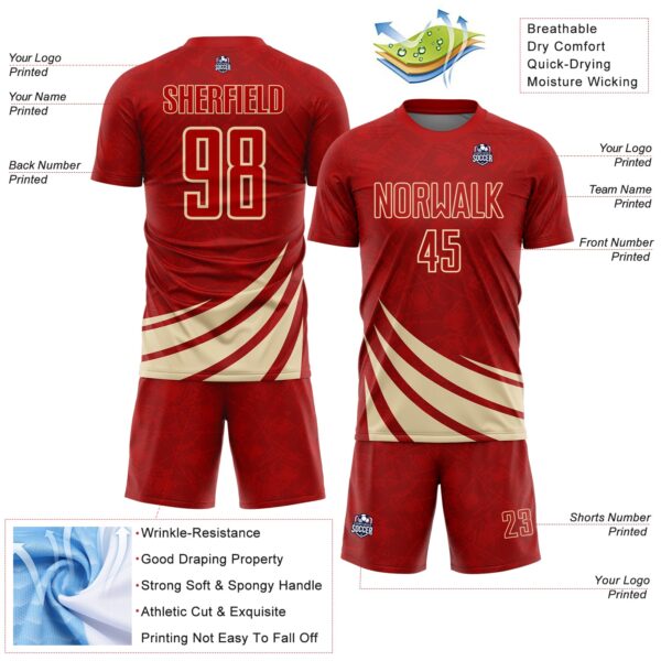 Custom Red Cream Distressed Diagonal Stripes Wind Shapes Sports Sublimation Soccer Uniform Jersey