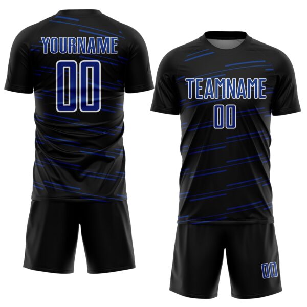 Custom Black Royal-White Diagonal Pinstripes Lines Sports Sublimation Soccer Uniform Jersey