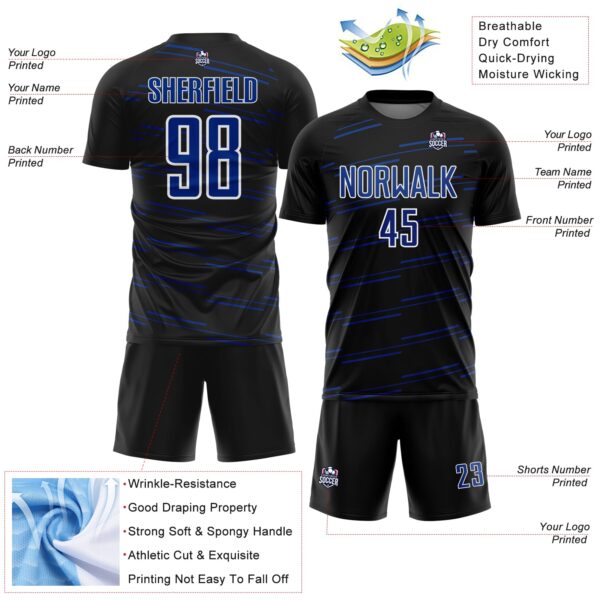Custom Black Royal-White Diagonal Pinstripes Lines Sports Sublimation Soccer Uniform Jersey