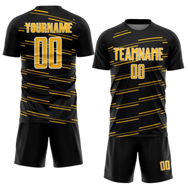 Custom Black Gold-White Diagonal Pinstripes Lines Sports Sublimation Soccer Uniform Jersey