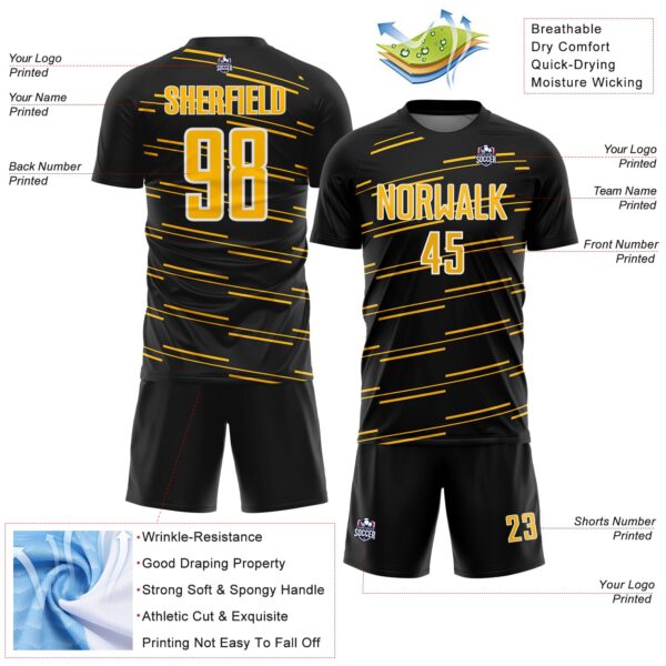Custom Black Gold-White Diagonal Pinstripes Lines Sports Sublimation Soccer Uniform Jersey