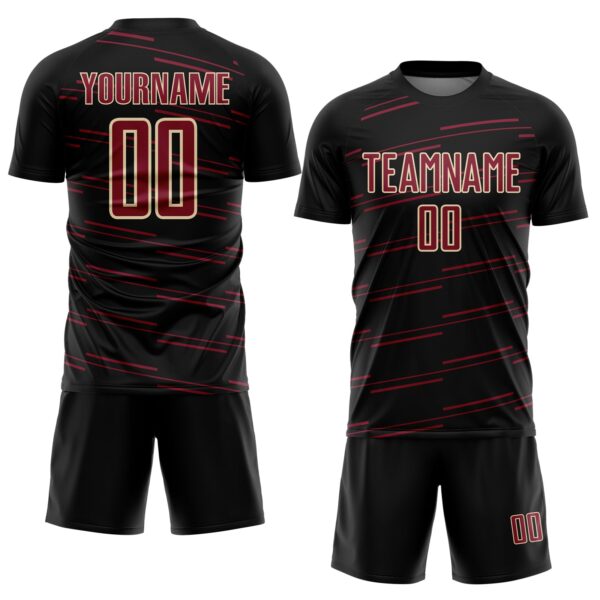 Custom Black Crimson-Cream Diagonal Pinstripes Lines Sports Sublimation Soccer Uniform Jersey