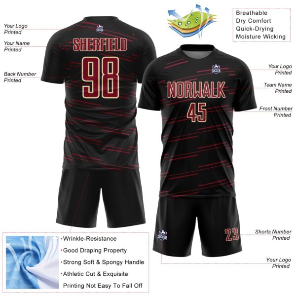 Custom Black Crimson-Cream Diagonal Pinstripes Lines Sports Sublimation Soccer Uniform Jersey