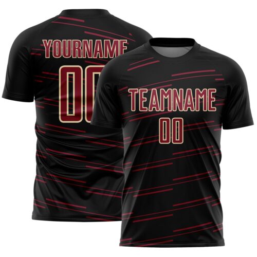 Soccer6992 Custom Black Crimson-Cream Diagonal Pinstripes Lines Sports Sublimation Soccer Uniform Jersey
