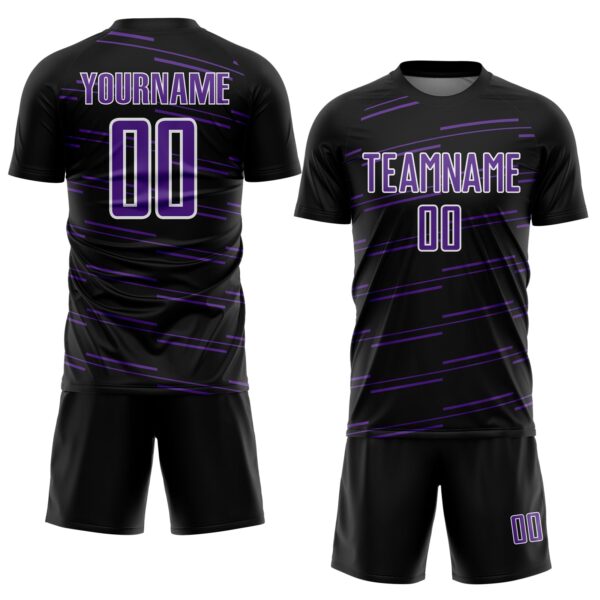 Custom Black Purple-White Diagonal Pinstripes Lines Sports Sublimation Soccer Uniform Jersey