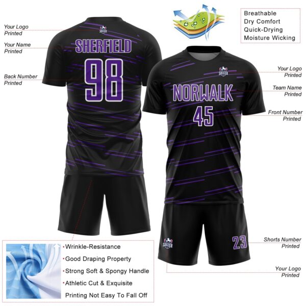Custom Black Purple-White Diagonal Pinstripes Lines Sports Sublimation Soccer Uniform Jersey