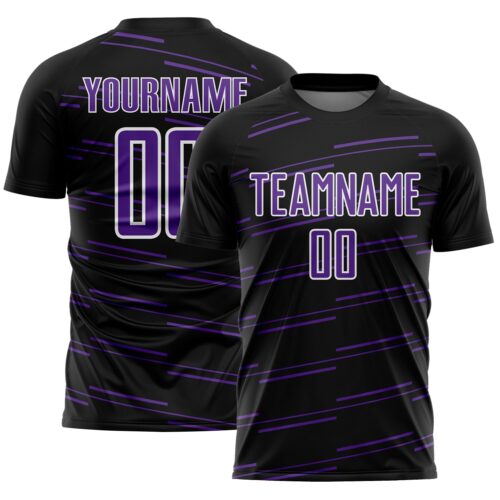 Custom Black Purple-White Diagonal Pinstripes Lines Sports Sublimation Soccer Uniform Jersey