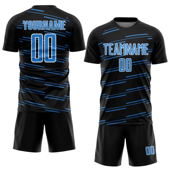 Custom Black Powder Blue-White Diagonal Pinstripes Lines Sports Sublimation Soccer Uniform Jersey