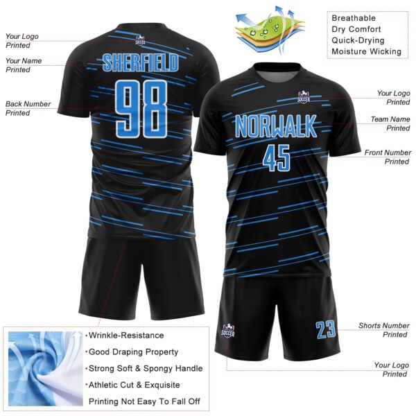 Custom Black Powder Blue-White Diagonal Pinstripes Lines Sports Sublimation Soccer Uniform Jersey