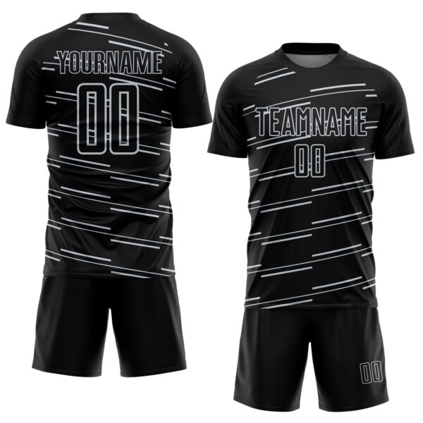 Custom Black Silver Diagonal Pinstripes Lines Sports Sublimation Soccer Uniform Jersey
