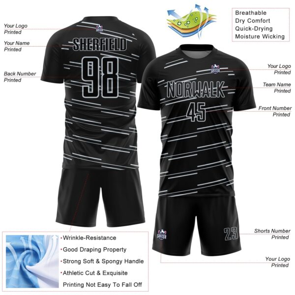 Custom Black Silver Diagonal Pinstripes Lines Sports Sublimation Soccer Uniform Jersey