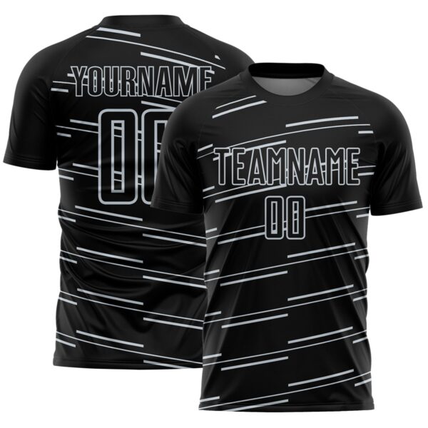 Custom Black Silver Diagonal Pinstripes Lines Sports Sublimation Soccer Uniform Jersey