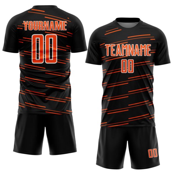 Custom Black Orange-White Diagonal Pinstripes Lines Sports Sublimation Soccer Uniform Jersey