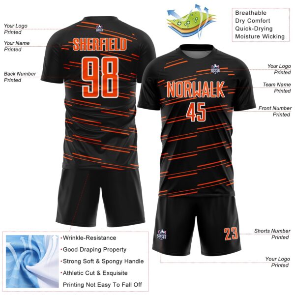 Custom Black Orange-White Diagonal Pinstripes Lines Sports Sublimation Soccer Uniform Jersey