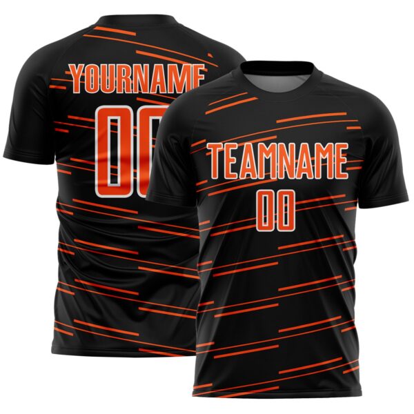 Custom Black Orange-White Diagonal Pinstripes Lines Sports Sublimation Soccer Uniform Jersey