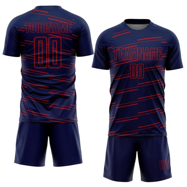 Custom Navy Red Diagonal Pinstripes Lines Sports Sublimation Soccer Uniform Jersey