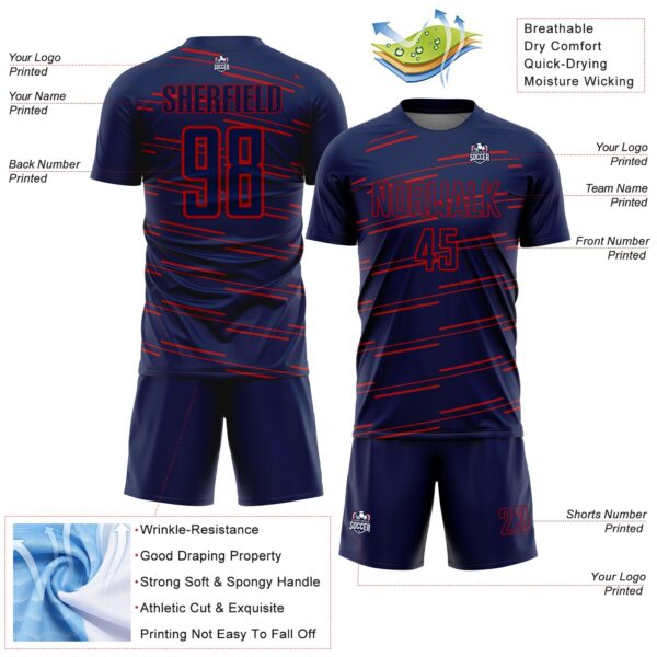 Custom Navy Red Diagonal Pinstripes Lines Sports Sublimation Soccer Uniform Jersey