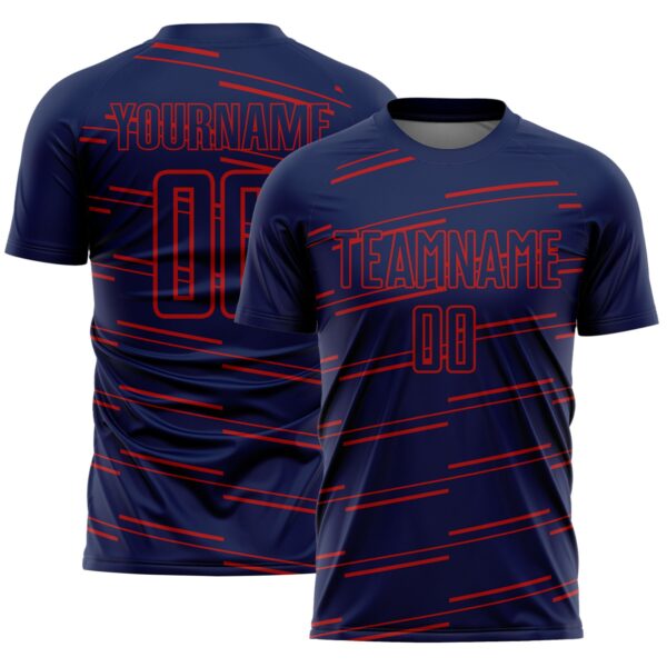 Custom Navy Red Diagonal Pinstripes Lines Sports Sublimation Soccer Uniform Jersey