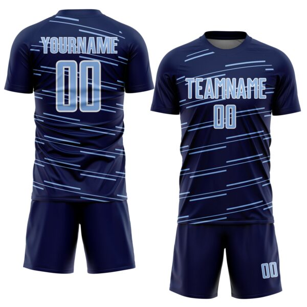 Custom Navy Light Blue-White Diagonal Pinstripes Lines Sports Sublimation Soccer Uniform Jersey