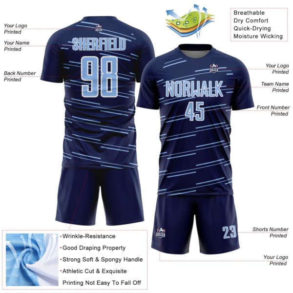 Custom Navy Light Blue-White Diagonal Pinstripes Lines Sports Sublimation Soccer Uniform Jersey