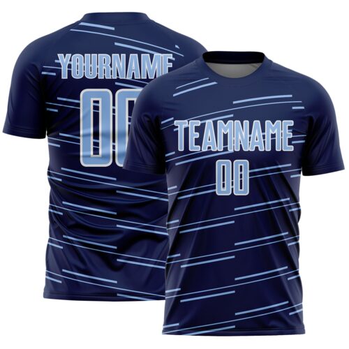 Custom Navy Light Blue-White Diagonal Pinstripes Lines Sports Sublimation Soccer Uniform Jersey