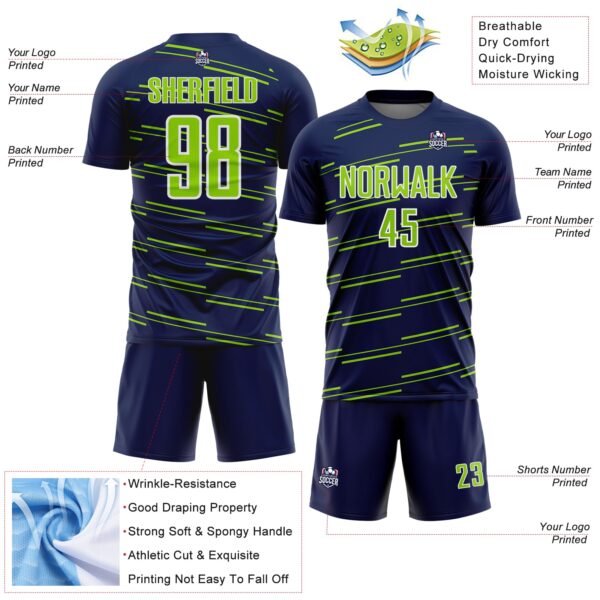 Custom Navy Neon Green-White Diagonal Pinstripes Lines Sports Sublimation Soccer Uniform Jersey