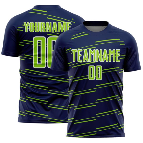 Custom Navy Neon Green-White Diagonal Pinstripes Lines Sports Sublimation Soccer Uniform Jersey