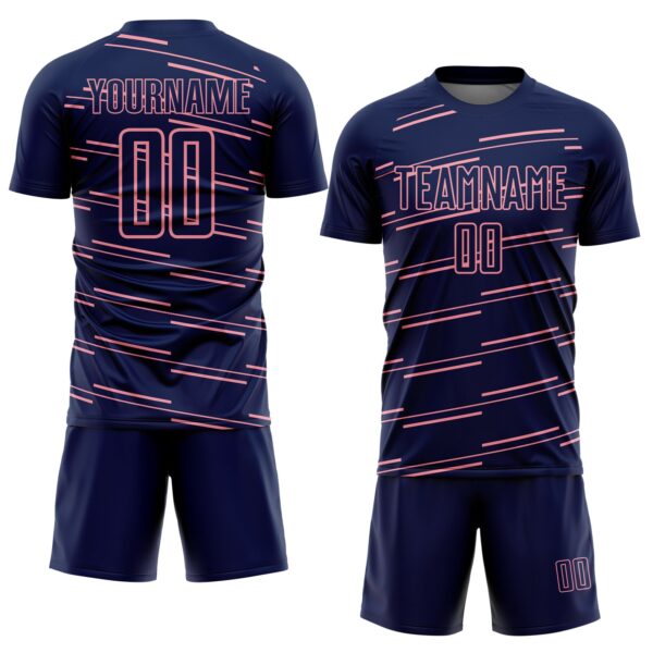 Custom Navy Medium Pink Diagonal Pinstripes Lines Sports Sublimation Soccer Uniform Jersey