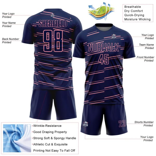 Custom Navy Medium Pink Diagonal Pinstripes Lines Sports Sublimation Soccer Uniform Jersey