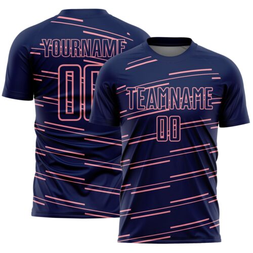 Custom Navy Medium Pink Diagonal Pinstripes Lines Sports Sublimation Soccer Uniform Jersey
