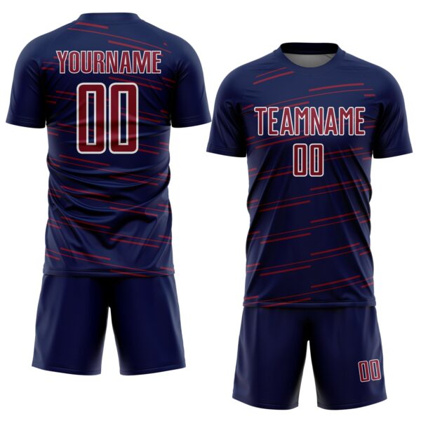 Custom Navy Crimson-White Diagonal Pinstripes Lines Sports Sublimation Soccer Uniform Jersey